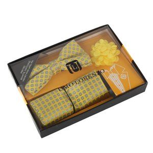pretied yellow bowtie, matching hanky and lapel pin